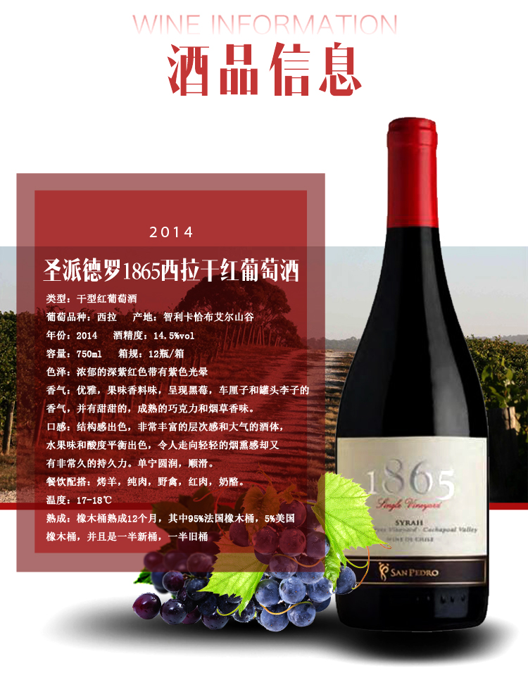 聖派德羅1865西拉乾紅葡萄酒750ml/瓶 紅酒